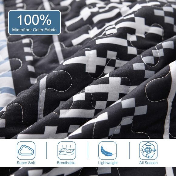 New 3 PC Boho Blue & Black Reversible Quilt Set • QUEEN Size - Picture 3 of 8